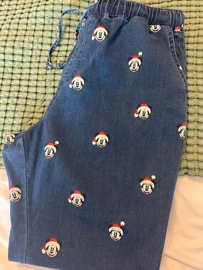Disney Blue Denim Joggers with Mickey Santa Embroidery